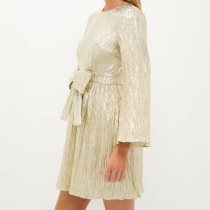 Tuckernuck Shimmering Gold Long-Sleeve Pleated Dress with Waist Tie